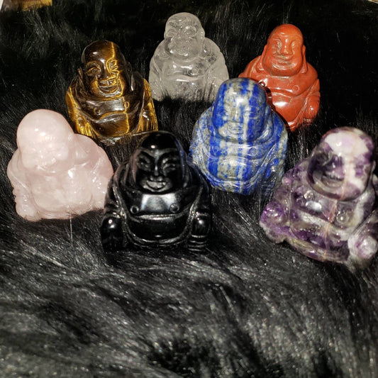 Crystal Buddha Carvings - quartz, lapis, tigers eye, Amethyst, rose Quartz, opalite,  obsidian,  Mahogany obsidian