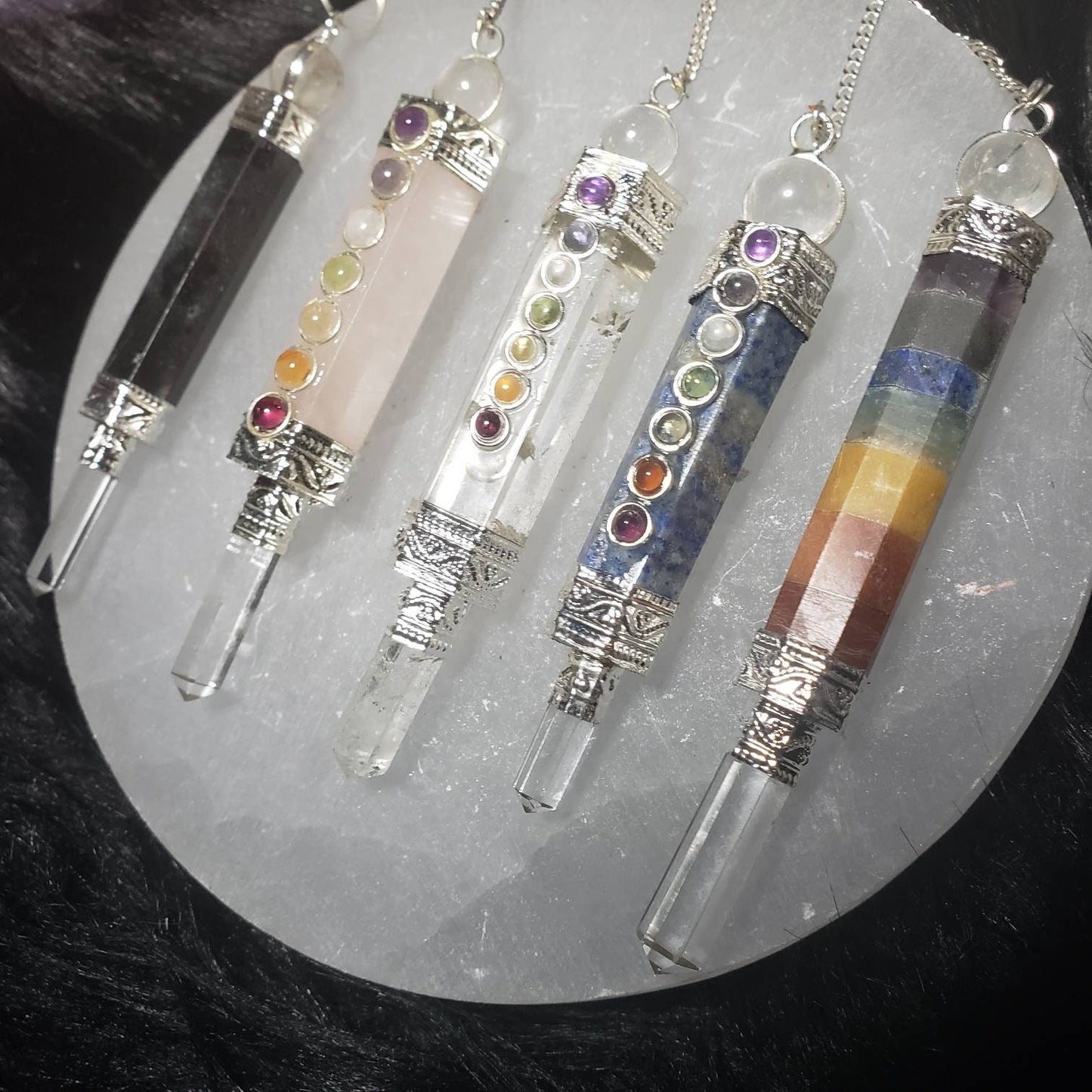 Crystal Point pendulum - tourmaline rose, clear, Lapis lazuli, chakra miz