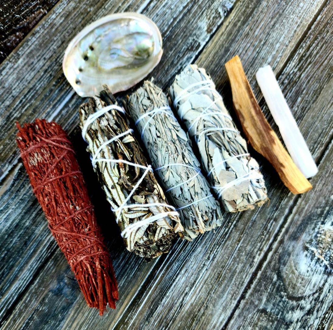 Smoke Cleansing Set - Sage, Dragons Blood, Yerba Santa, Palo Santo, Desert Sage, Meditation, Selenite, Abalone Shell, Cleanse