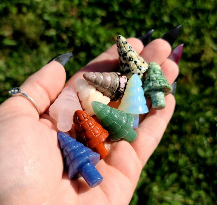 Mini Christmas Tree Crystals - Yule, Stone Carving, Quartz, Rhodonite, Aventurine, Red Dalmatian Jasper, Pink Opal, Secret Santa Gift