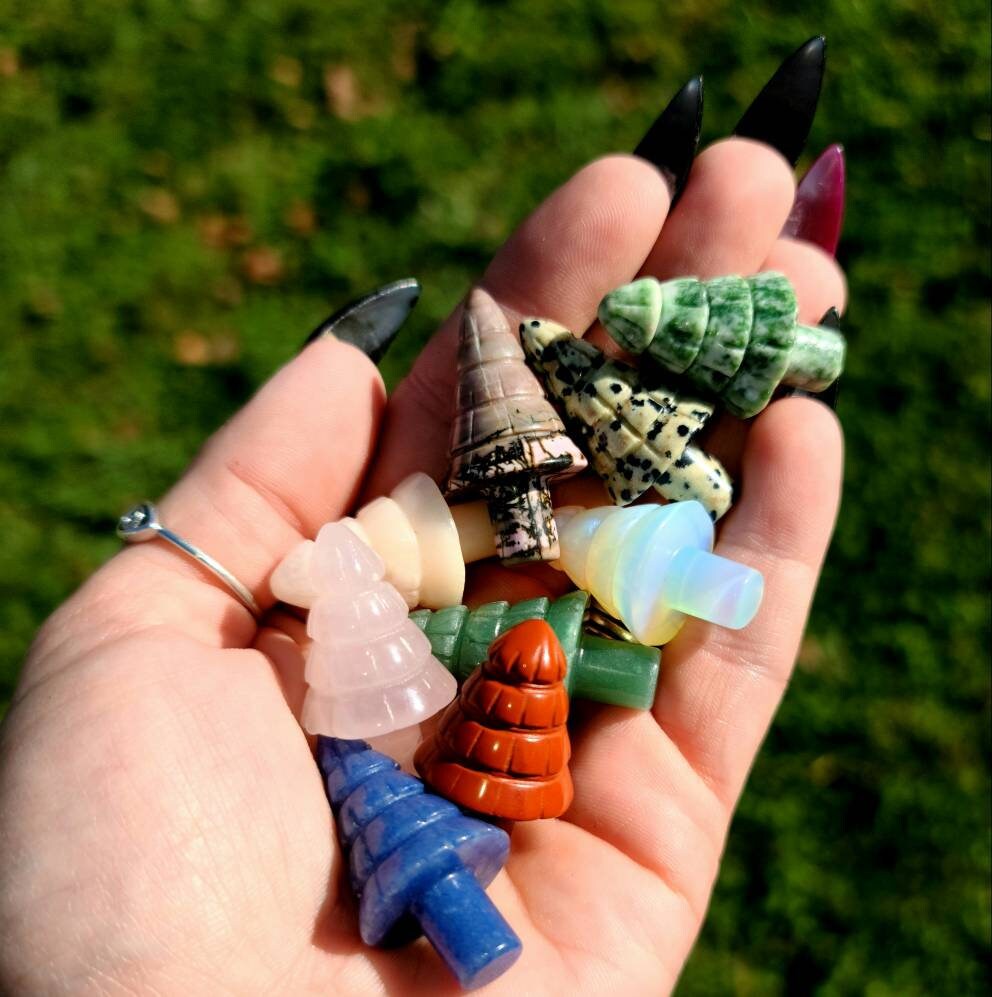Mini Christmas Tree Crystals - Yule, Stone Carving, Quartz, Rhodonite, Aventurine, Red Dalmatian Jasper, Pink Opal, Secret Santa Gift