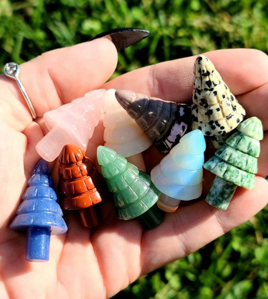 Mini Christmas Tree Crystals - Yule, Stone Carving, Quartz, Rhodonite, Aventurine, Red Dalmatian Jasper, Pink Opal, Secret Santa Gift