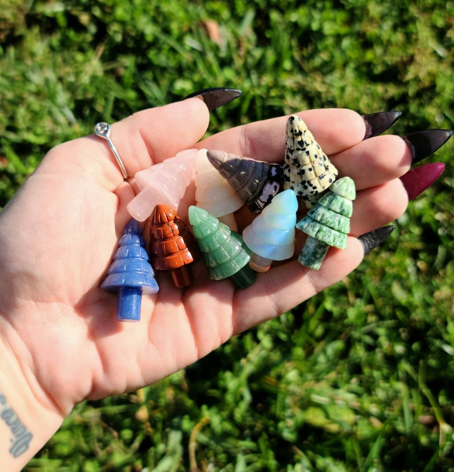 Mini Christmas Tree Crystals - Yule, Stone Carving, Quartz, Rhodonite, Aventurine, Red Dalmatian Jasper, Pink Opal, Secret Santa Gift