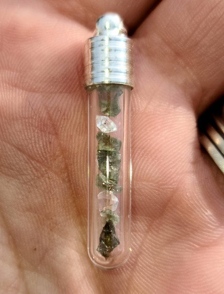 Moldavite or Moldavite and Herkimer Diamond Quartz Glass Vial Pendant - Transformation, manifestation, Crystal Pendant