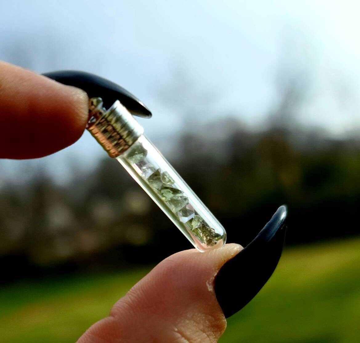 Moldavite or Moldavite and Herkimer Diamond Quartz Glass Vial Pendant - Transformation, manifestation, Crystal Pendant
