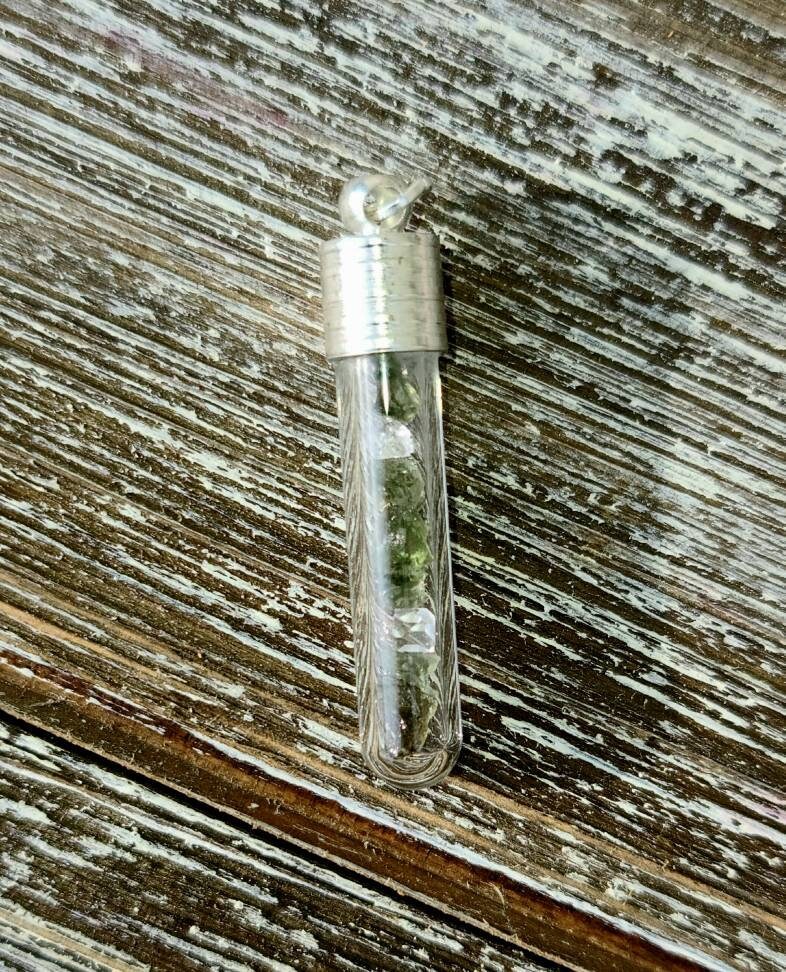 Moldavite or Moldavite and Herkimer Diamond Quartz Glass Vial Pendant - Transformation, manifestation, Crystal Pendant