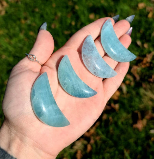 1 Aquamarine Crystal Moon - Calming stone,  birthstone,  throat chakra,  stress help