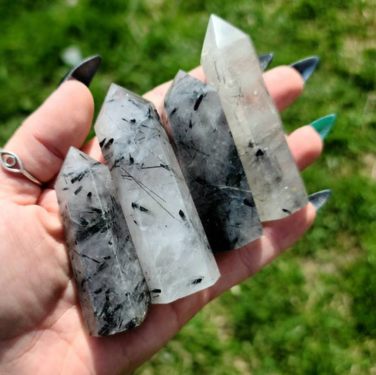 Black Tourmaline in Quartz Small Tower  - Point, Crystal, Tourmalated , Protection,  Grounding,  Healing, Root Chakra