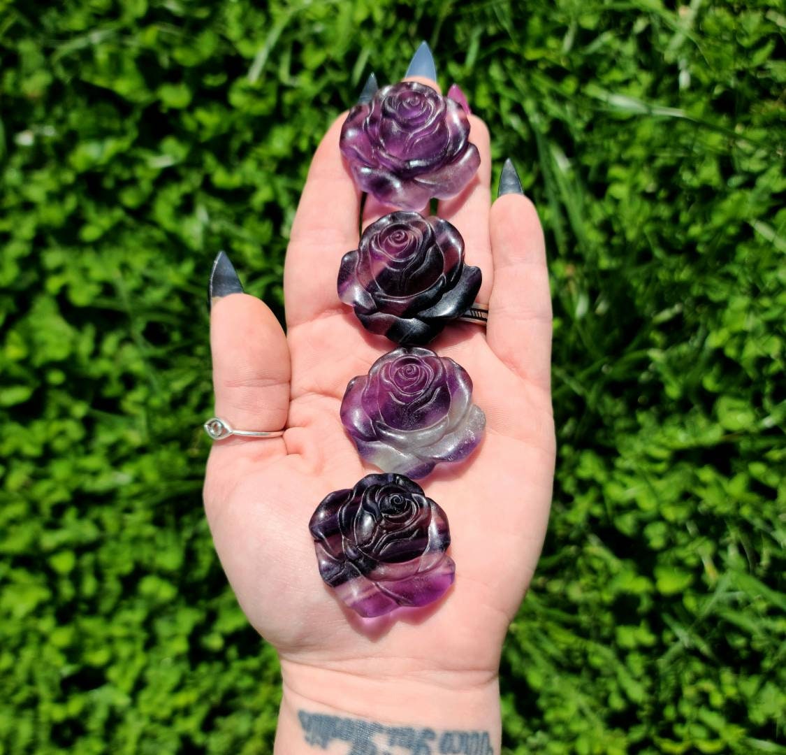 Rainbow Fluorite Crystal Rose - self confidence, learning aid, focus, healing stone, green, purple, rainbow, balance, Purple, flower