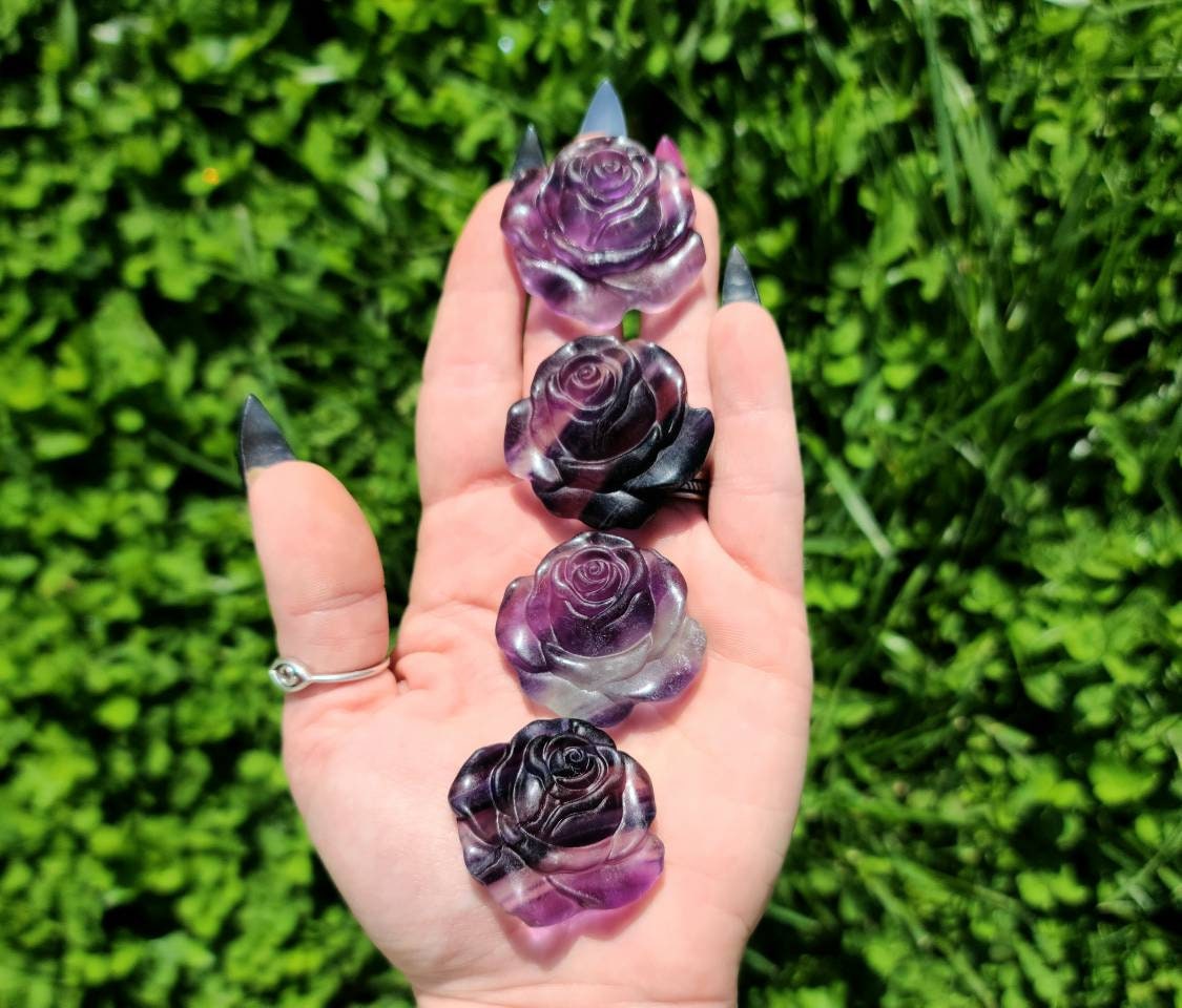 Rainbow Fluorite Crystal Rose - self confidence, learning aid, focus, healing stone, green, purple, rainbow, balance, Purple, flower