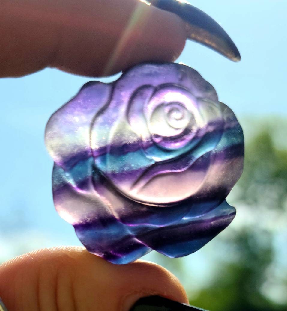 Rainbow Fluorite Crystal Rose - self confidence, learning aid, focus, healing stone, green, purple, rainbow, balance, Purple, flower