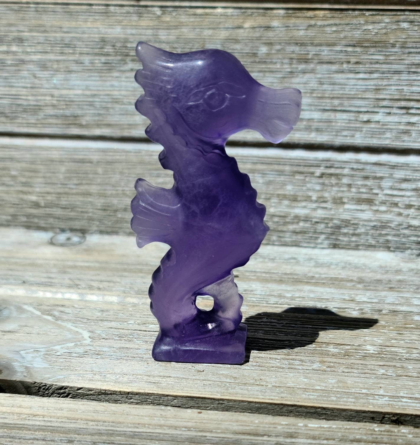 Rainbow Fluorite Crystal Sea Horse - self confidence, learning aid, focus, healing stone, green, purple, rainbow, balance, Purple, flower