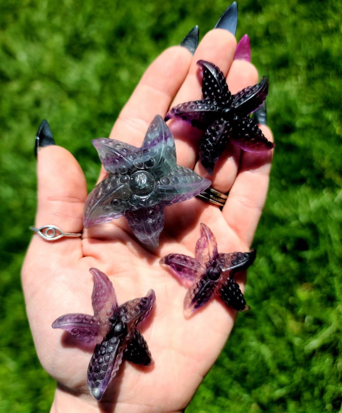 Rainbow Fluorite Crystal Star Fish - self confidence, learning aid, focus, healing stone, green, purple, rainbow, balance, Purple, flower