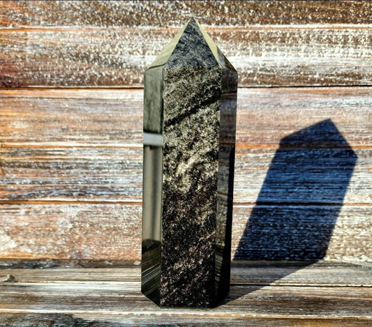 1 Large Silver Sheen  Black obsidian Tower grounding,  protection,  calming, root chakra, Calming