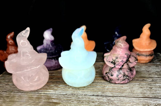 Crystal Pumpkin Crystal Carvings Witch hat - Halloween,  Jack-o-lantern, rose quartz,  Calcite, obsidian, sodalite, lepidolite,  Rhodonite