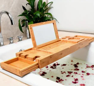 Wooden Bath Tub Tray Reading Rack Tablet Computer Stand Storage Box