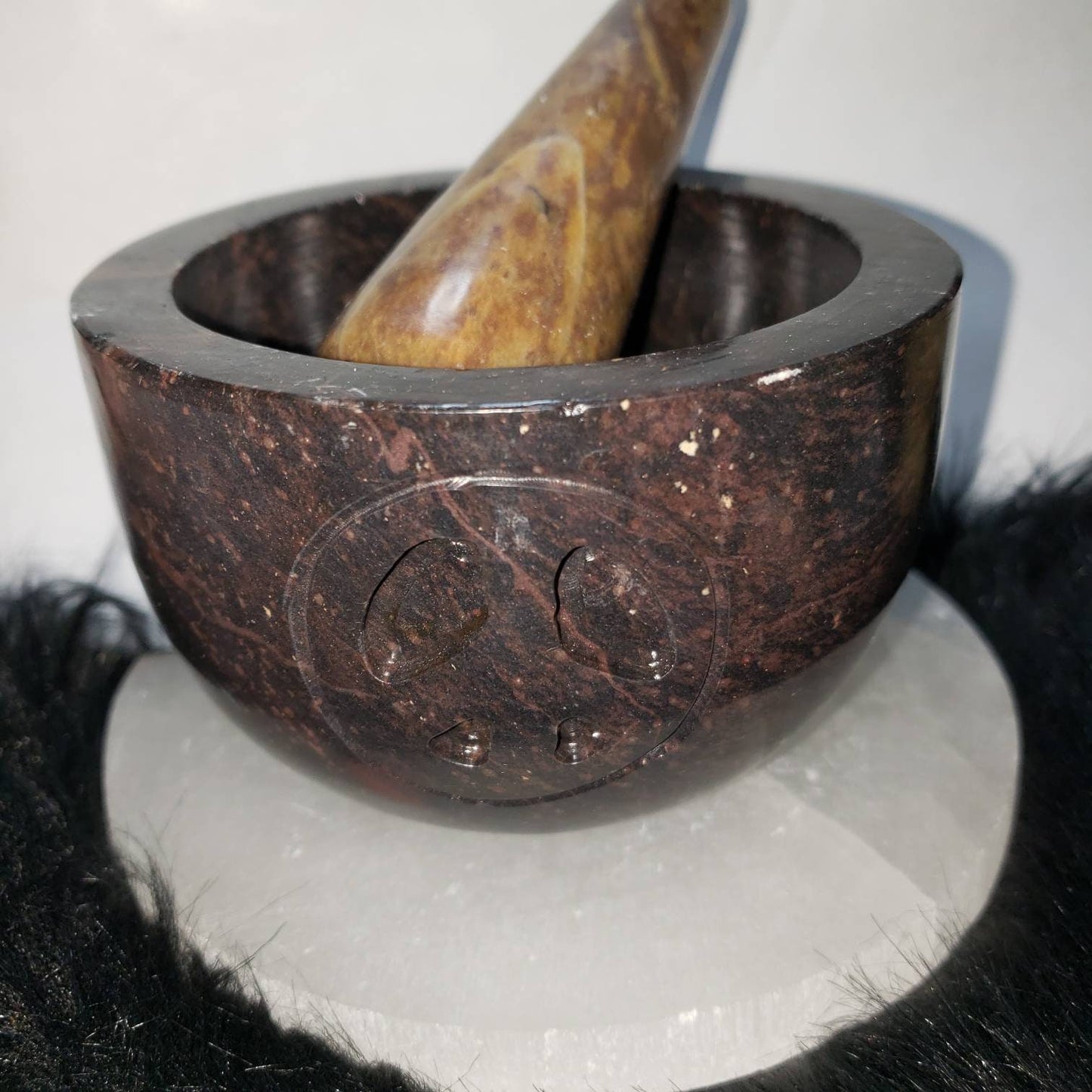 Soapstone carved peace sign mortar and Pestle