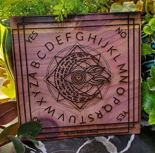 Carved wood Pendulum Board - moon , evil eye, divination tool, dowsing, yes, no, maybe, rephrase (new version)