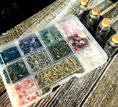 Spell Jar Set - Witch Beginner Set, Starter Kit, crystal chips, Self Love, Altar tools, protection,  abundance, intuition,  travel set