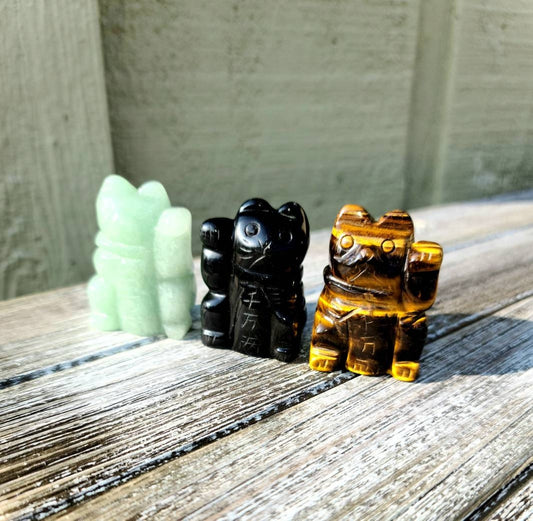 Chinese Lucky Cat Crystal - Maneki-neko,  Waving Cat, Luck, Abundance,  Manifestation, Tigers Eye, Green Aventurine,  Black Obsidian