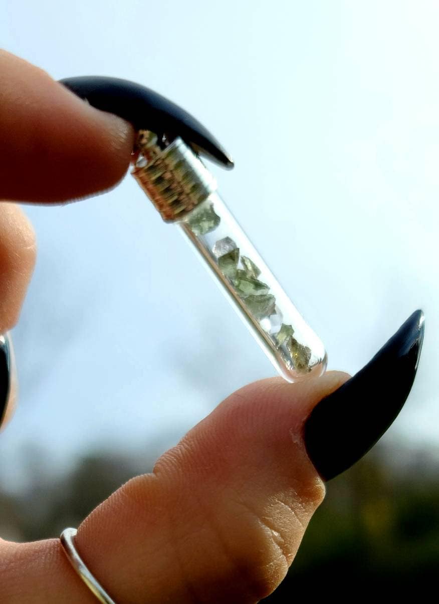 Moldavite or Moldavite and Herkimer Diamond Quartz  Glass Vial Pendant - Transformation,  manifestation,  Crystal Pendant