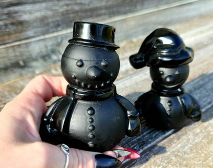 Detailed Carving Snowman  - black obsidian,  sandblasted,  grounding,  protection, Christmas,  Yule, Gift, calming, root chakra, figure