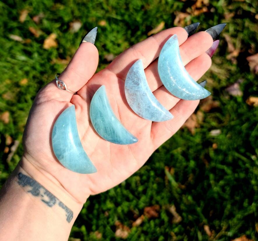 1 Aquamarine Crystal Moon - Calming stone,  birthstone,  throat chakra,  stress help