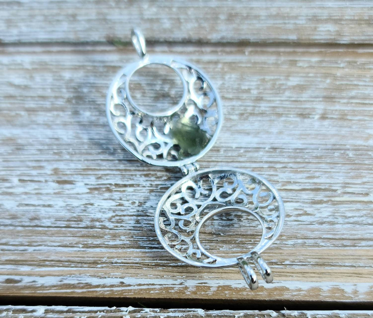 Moldavite or Moldavite and Herkimer Diamond Quartz  Moon Pendant - Transformation,  manifestation,  Crystal Pendant, Witchy, cage pendant