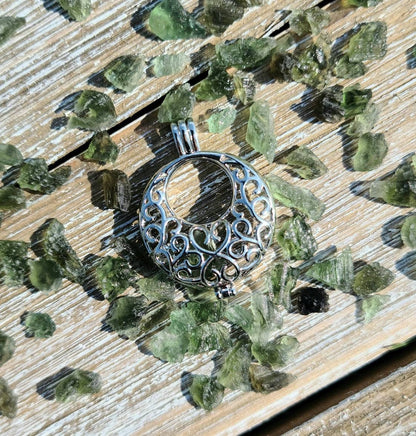 Moldavite or Moldavite and Herkimer Diamond Quartz  Moon Pendant - Transformation,  manifestation,  Crystal Pendant, Witchy, cage pendant