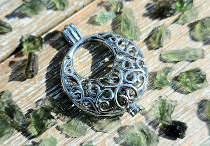 Moldavite or Moldavite and Herkimer Diamond Quartz  Moon Pendant - Transformation,  manifestation,  Crystal Pendant, Witchy, cage pendant