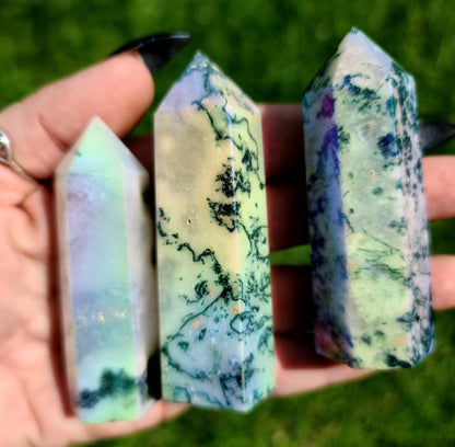 1 Aura Moss Agate Crystal Tower - Heart Chakra,, Angel Aura, Rainbow,  Calming,  Peace, Reiki