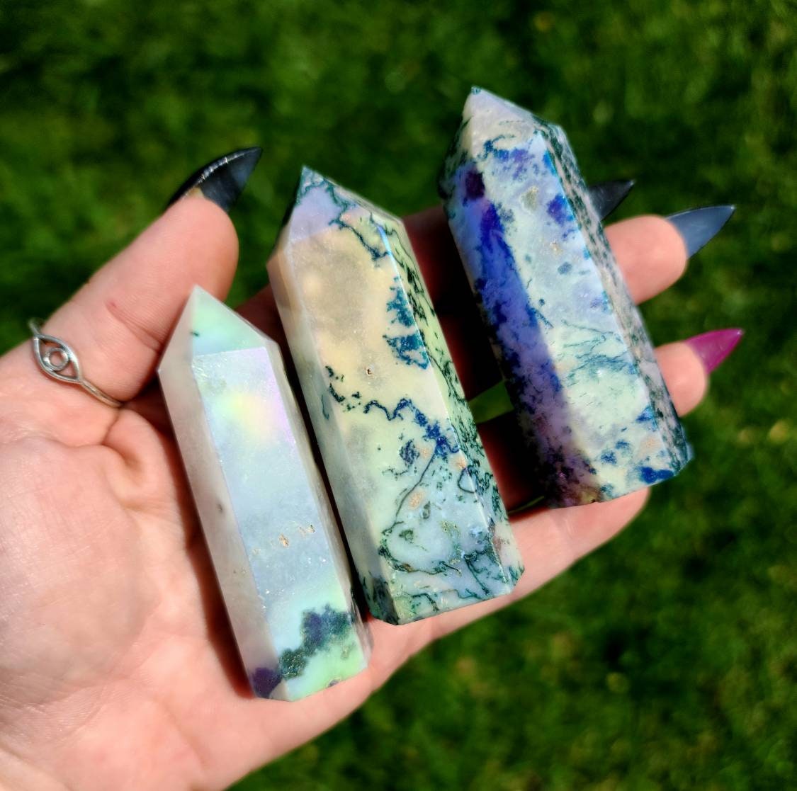 1 Aura Moss Agate Crystal Tower - Heart Chakra,, Angel Aura, Rainbow,  Calming,  Peace, Reiki