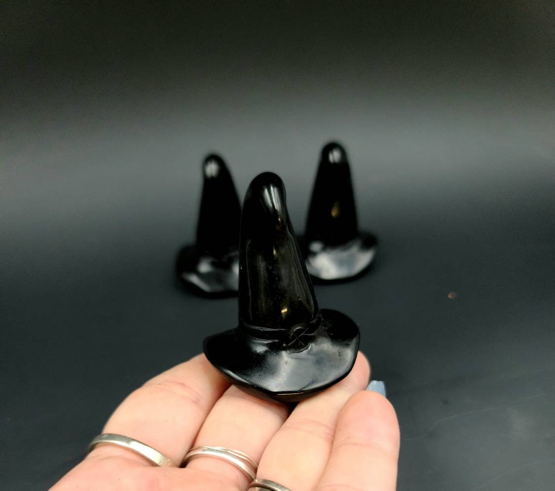 1 Black obsidian mini Witch Hats- grounding,  protection,  calming, root chakra, life prosperity, Altar Witchy Decor,  Halloween