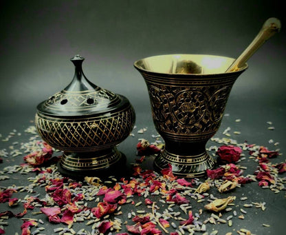 Large Brass Mortar and Pestle and Burner Set