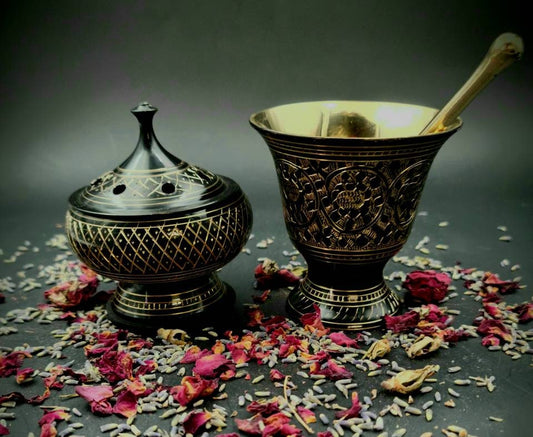 Large Brass Mortar and Pestle and Burner Set