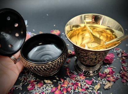 Large Brass Mortar and Pestle and Burner Set