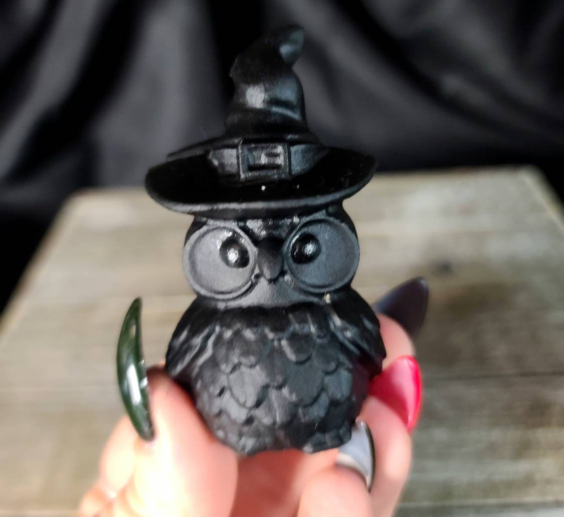 Obsidian Owl Witch - Crystal Carvings - Halloween,  Altar Decor, Samhain, grounding, protection, Witchy Gifts, Altar Decor