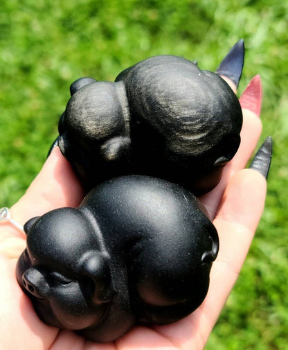 1 Obsidian Pig- Crystal Carvings - Ocean,  Altar Decor, Spirit Animal, grounding, protection, Witchy Gifts, Altar Decor, Piggy