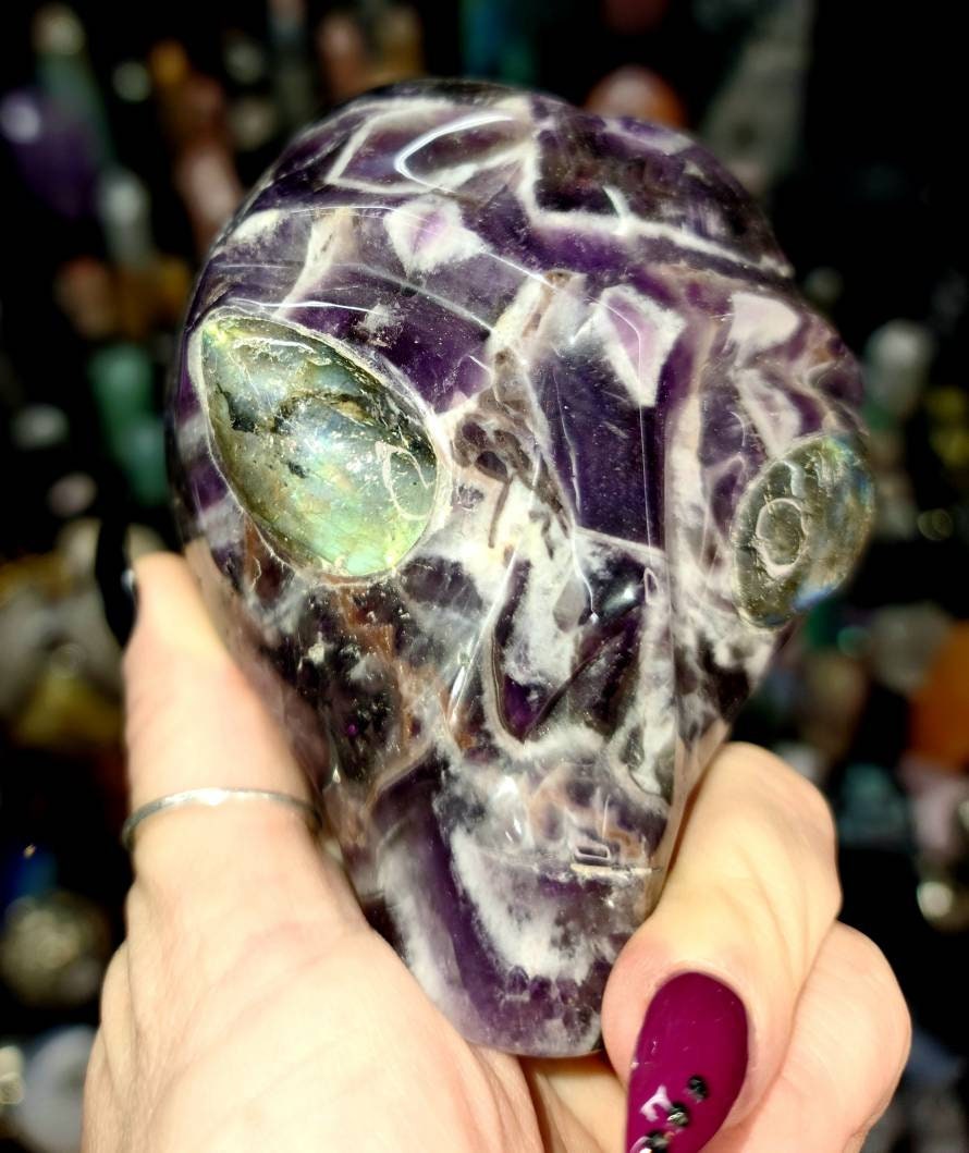 1 Amethyst & Labradorite Crystal Star Being Carving - Flashy, protection, Balance,  Intuition,  Guidance, Alien, Witchy Gift, Starseed